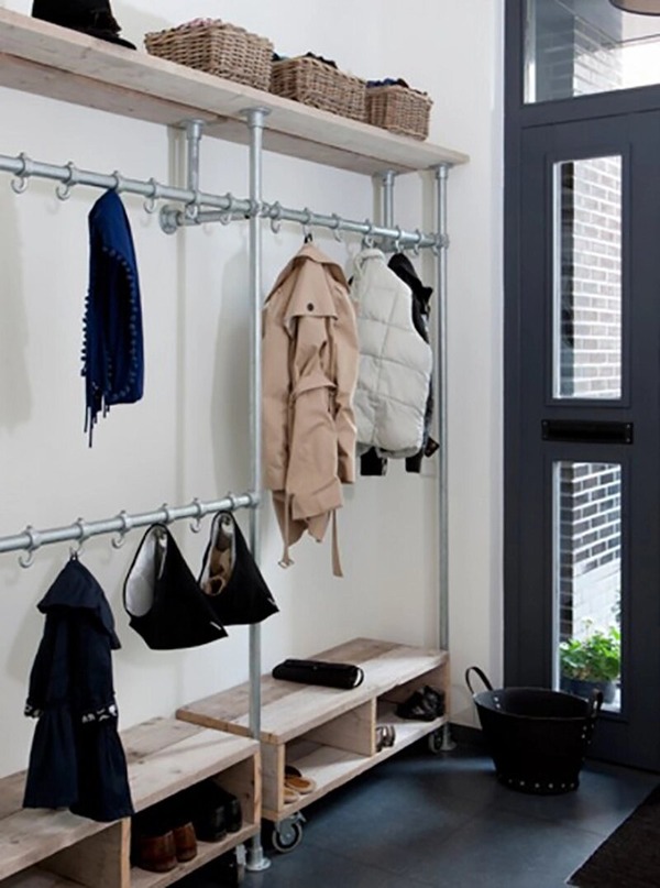 entryway clothing rack with jackets and shoes
