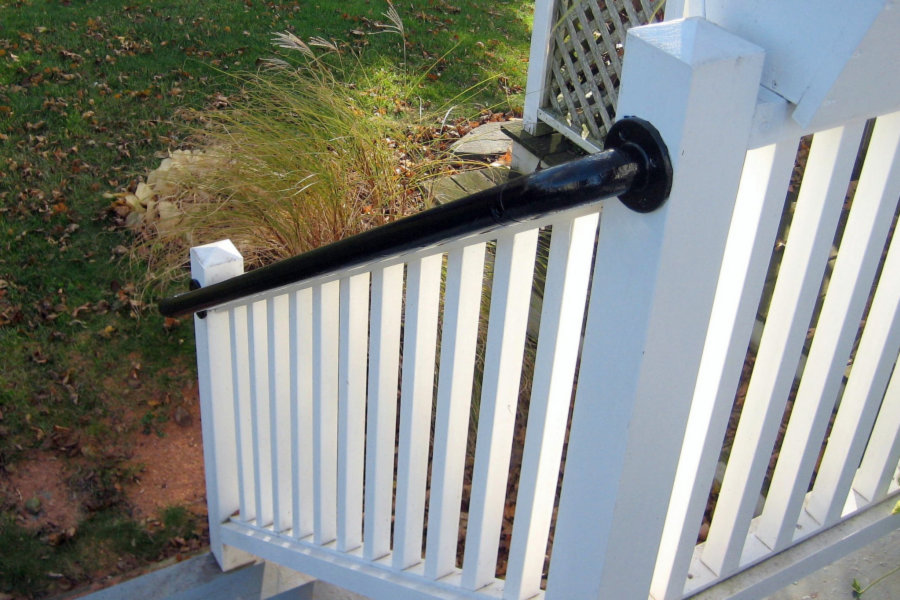 metal railing on a wooden deck