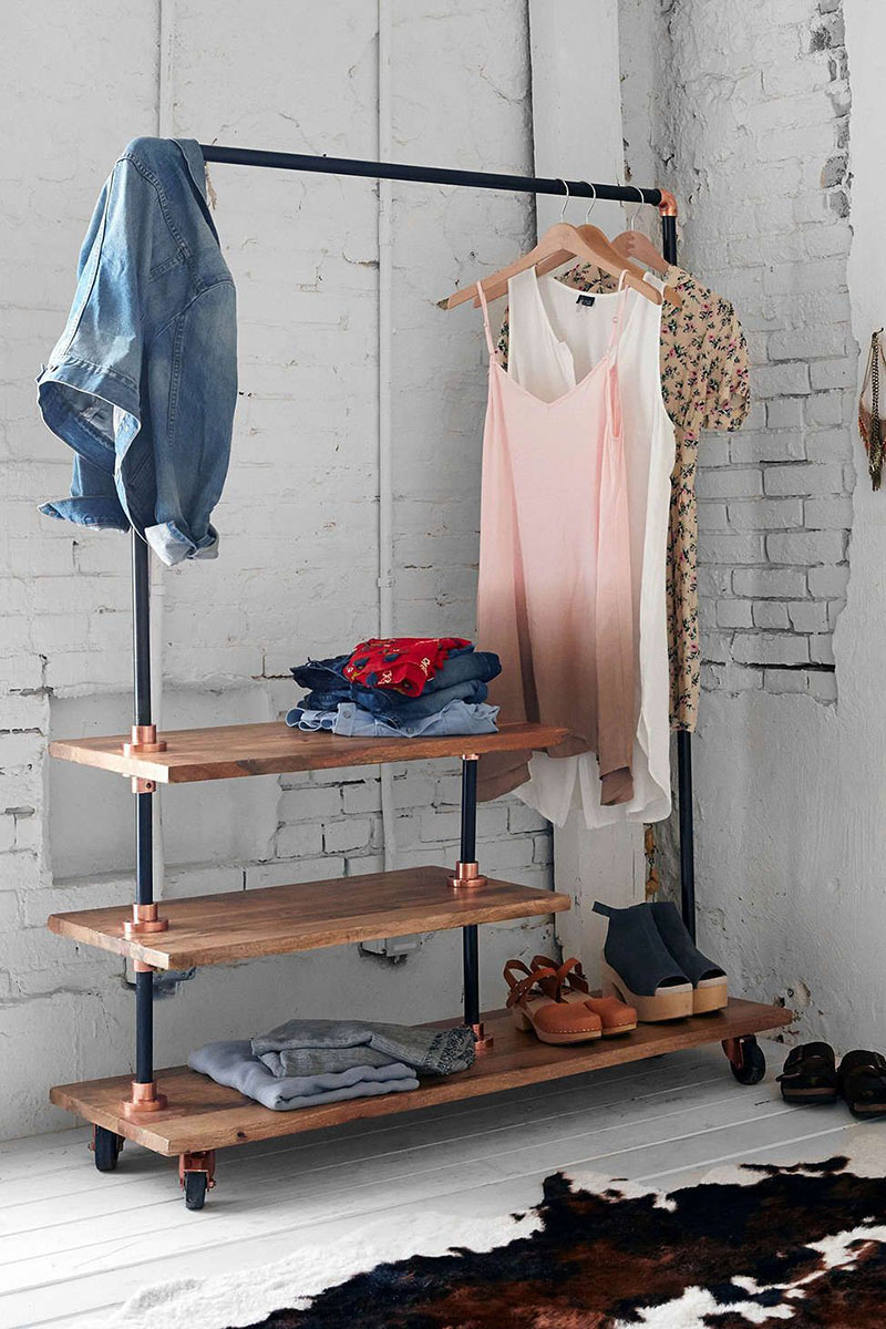 small rolling clothing rack with shelves